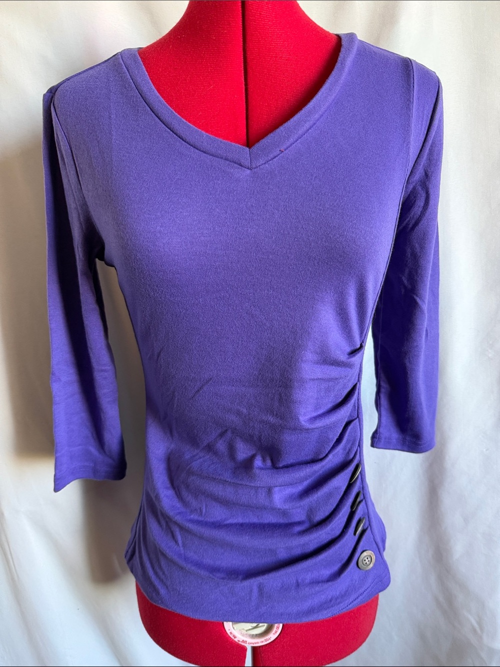 Allegra K Purple V-Neck 3/4 Sleeve Ruched Side Top